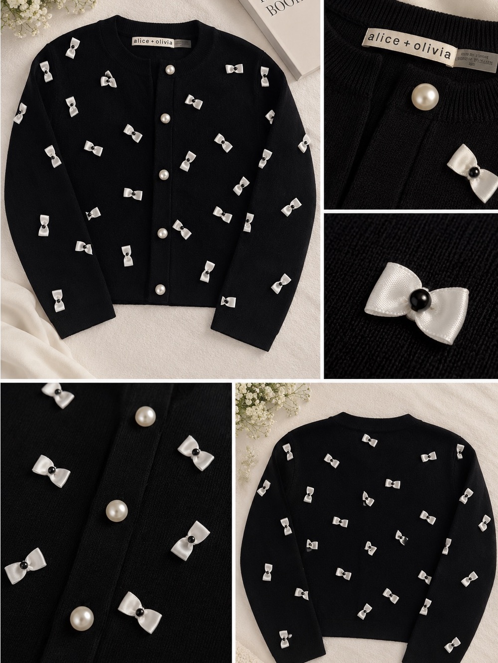Alice + Olivia Black Bow-Appliqué Pearl-Button Cardigan Sweater